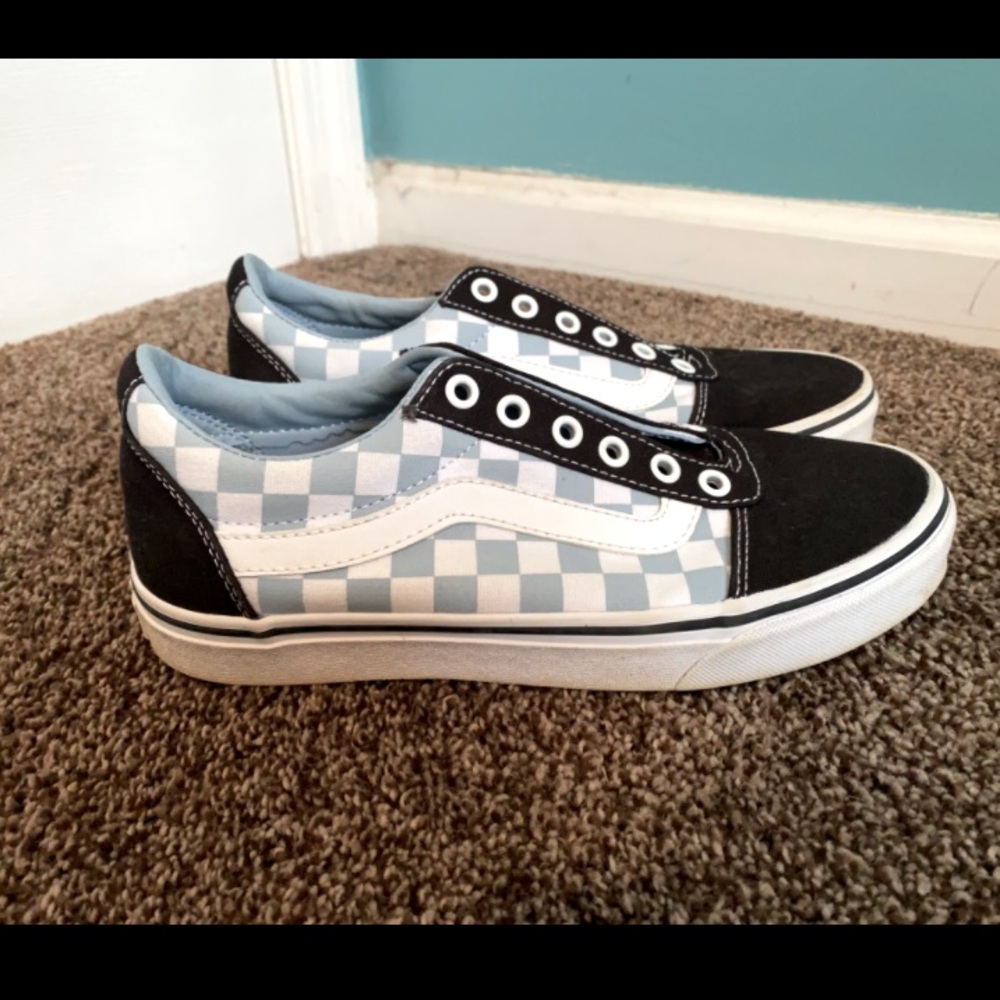 Blue white and black Checkered Vans